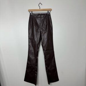 White Fox Wide Leg Flare Faux Leather Pants Brown Back Zip XS